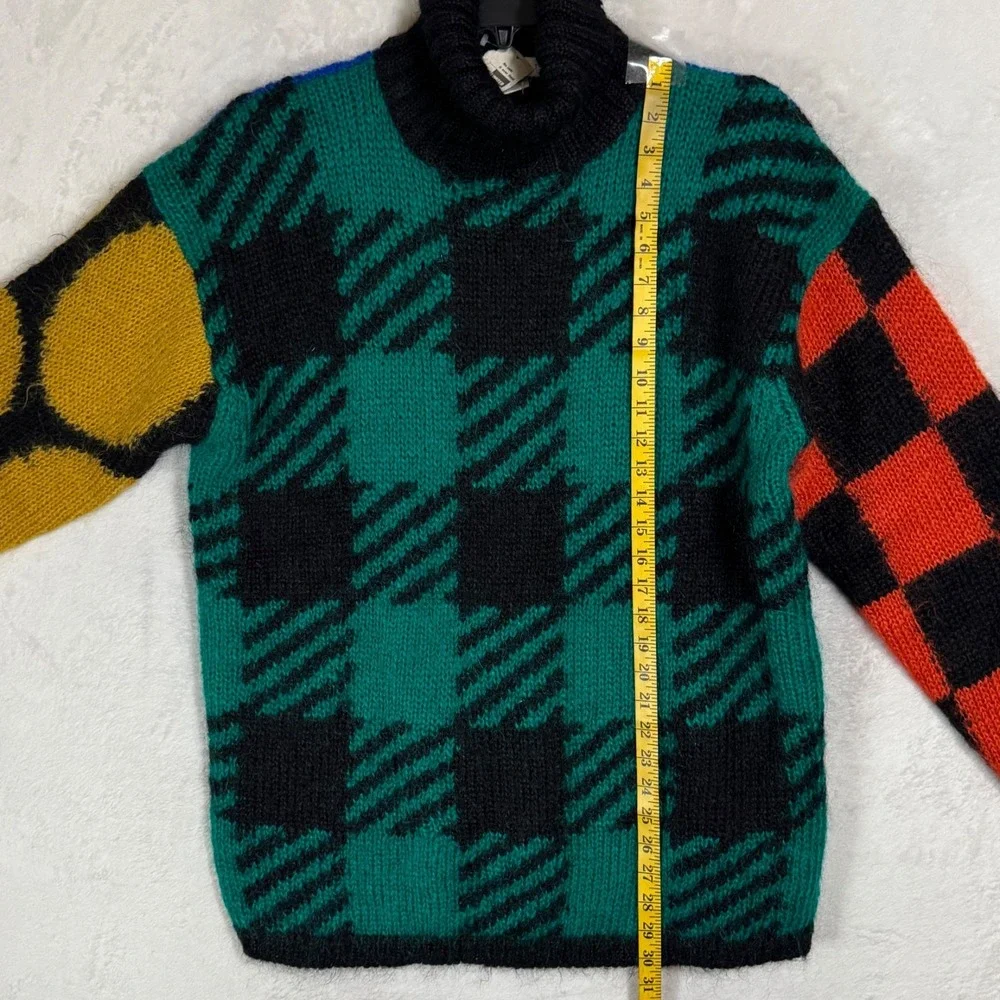 NWT Vintage Fuzzy Mohair Turtleneck Sweater M L Bold Colorblock‎ Plaid Graphic